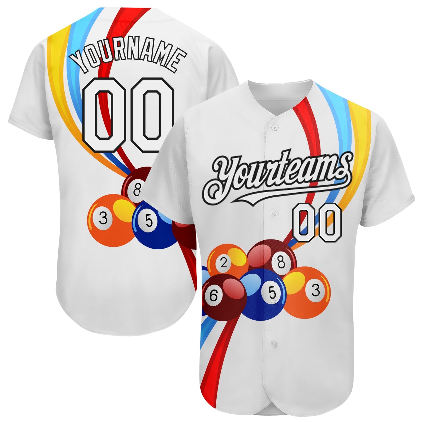 Custom White Black 3D Pattern Design Billiards Authentic Baseball Jersey - Main View