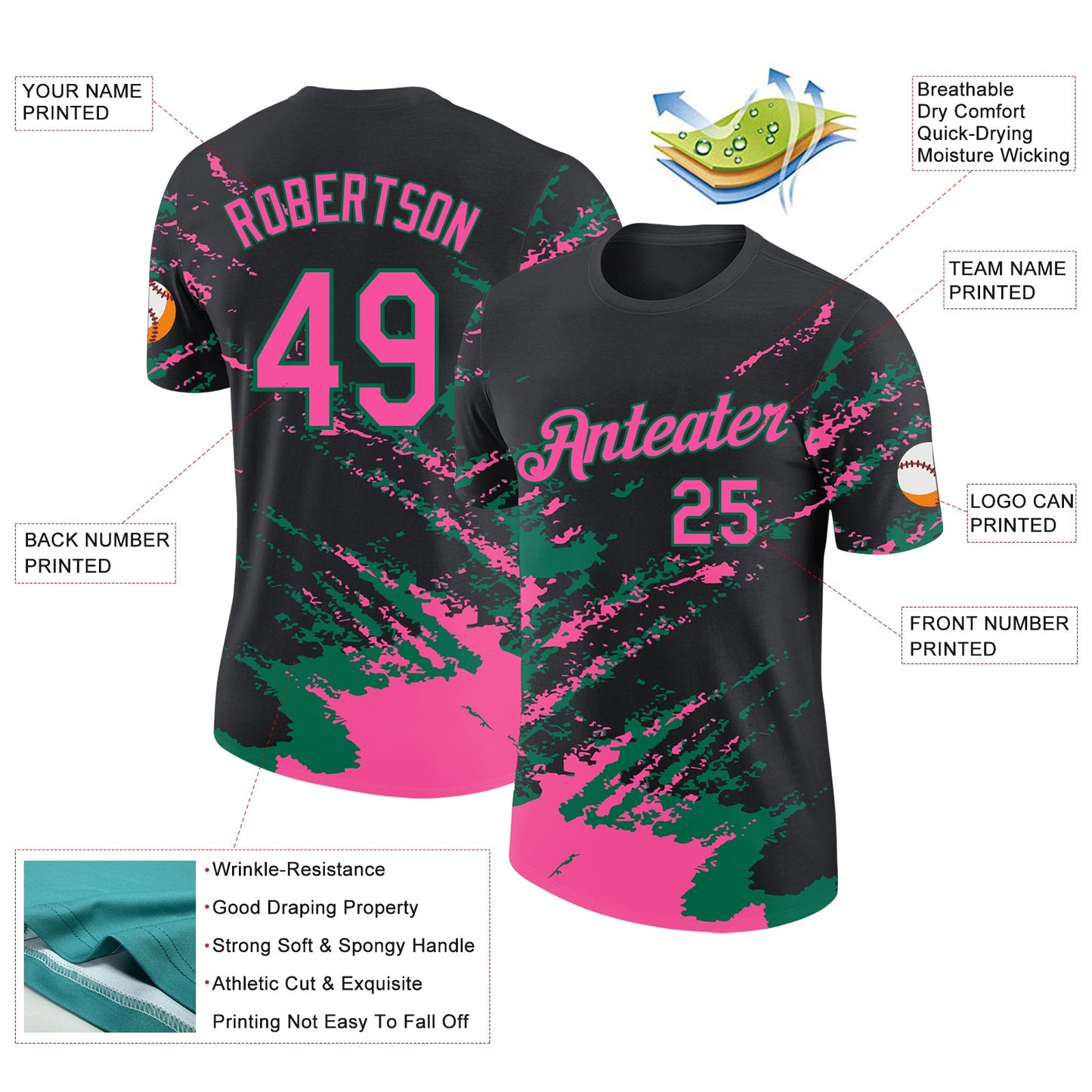 Custom Black Pink-Kelly Green Brush Stroke Shatter Splatter Performance T-Shirt view 2