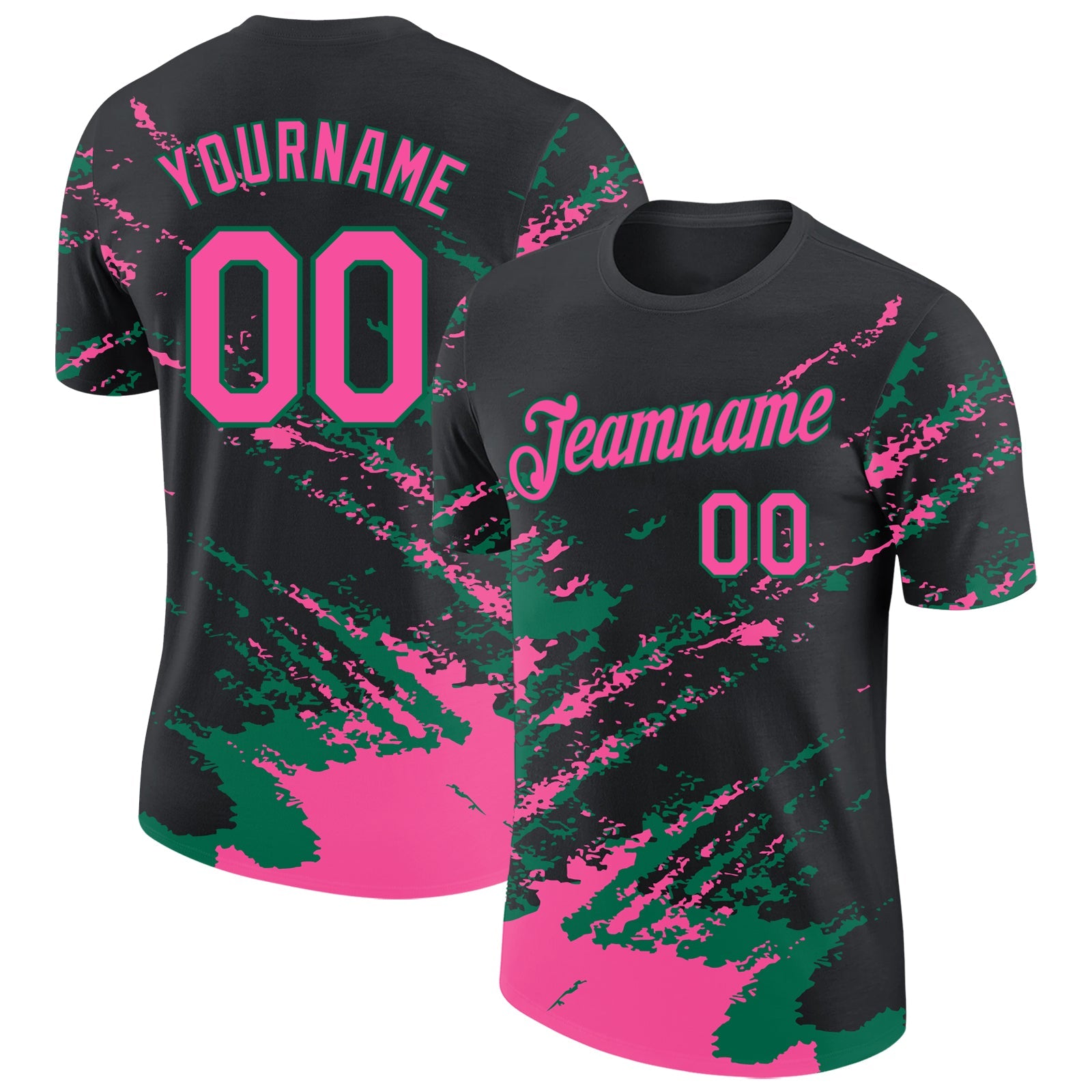 Custom Black Pink-Kelly Green Brush Stroke Shatter Splatter Performance T-Shirt - Main View