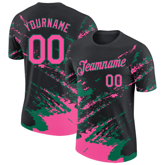 Custom Black Pink-Kelly Green Brush Stroke Shatter Splatter Performance T-Shirt - Main View