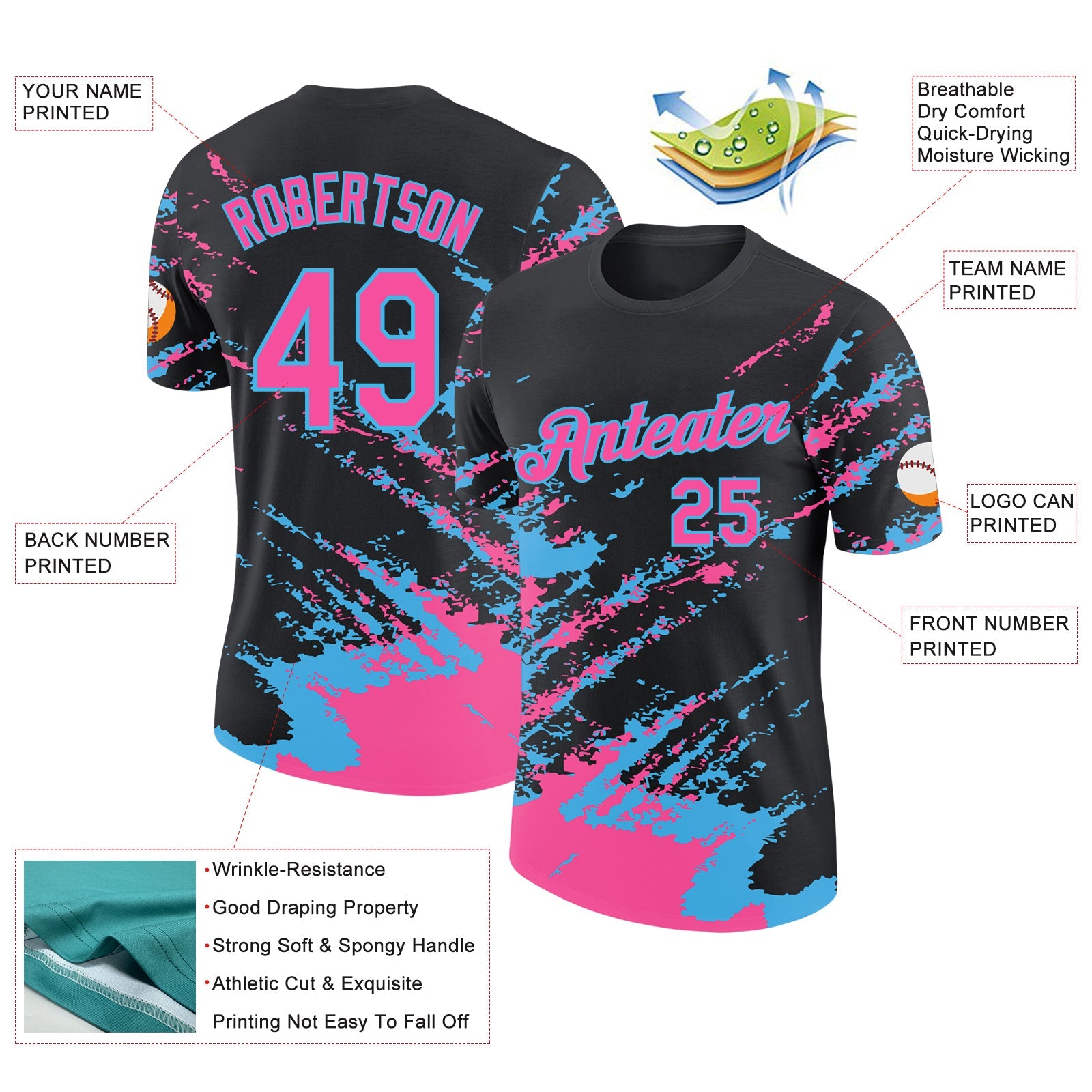 Custom Black Pink-Sky Blue Brush Stroke Shatter Splatter Performance T-Shirt view 2