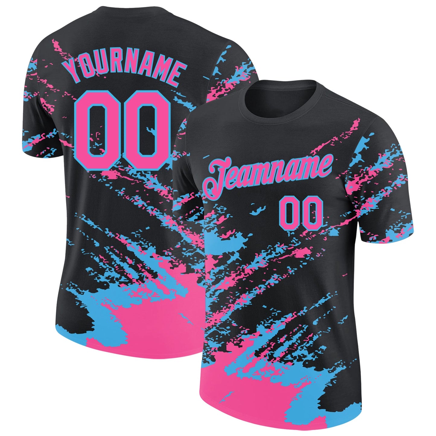 Custom Black Pink-Sky Blue Brush Stroke Shatter Splatter Performance T-Shirt - Main View
