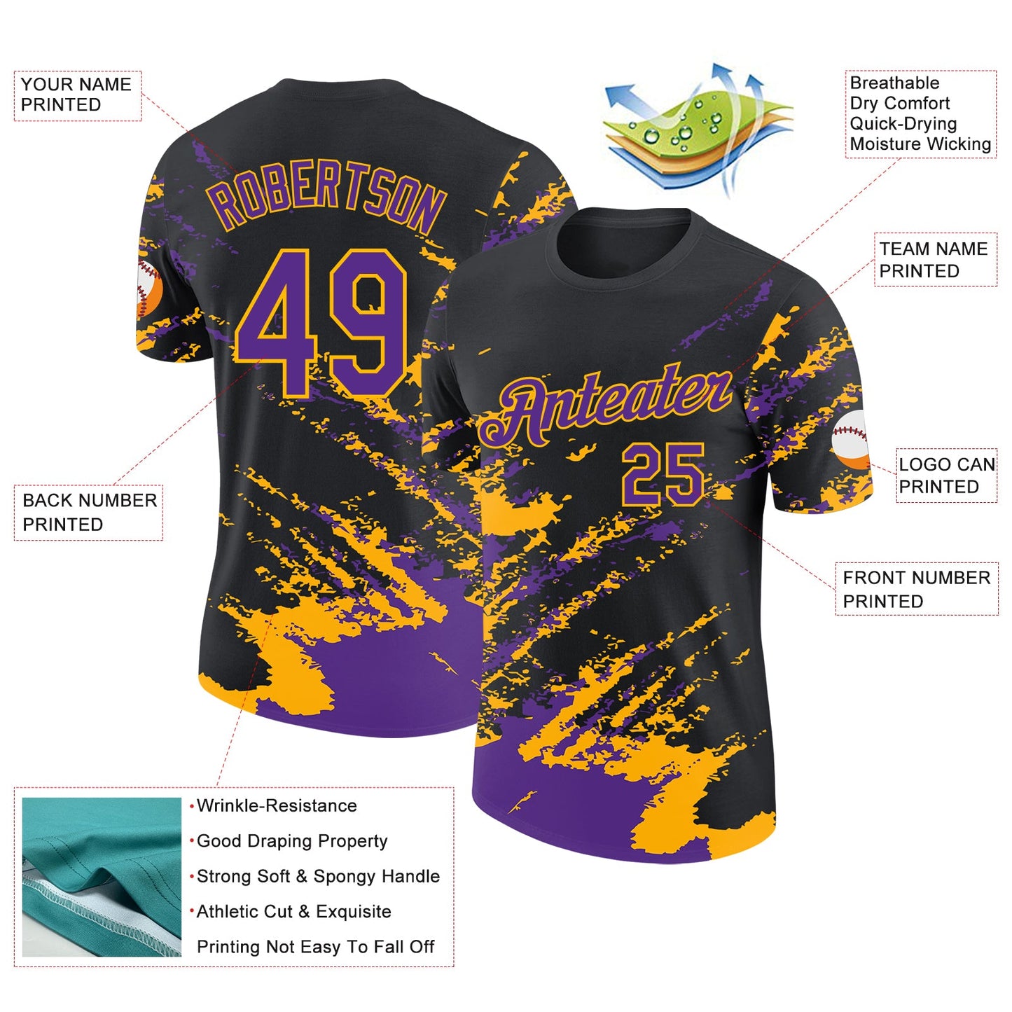 Custom Black Purple-Gold Brush Stroke Shatter Splatter Performance T-Shirt view 2