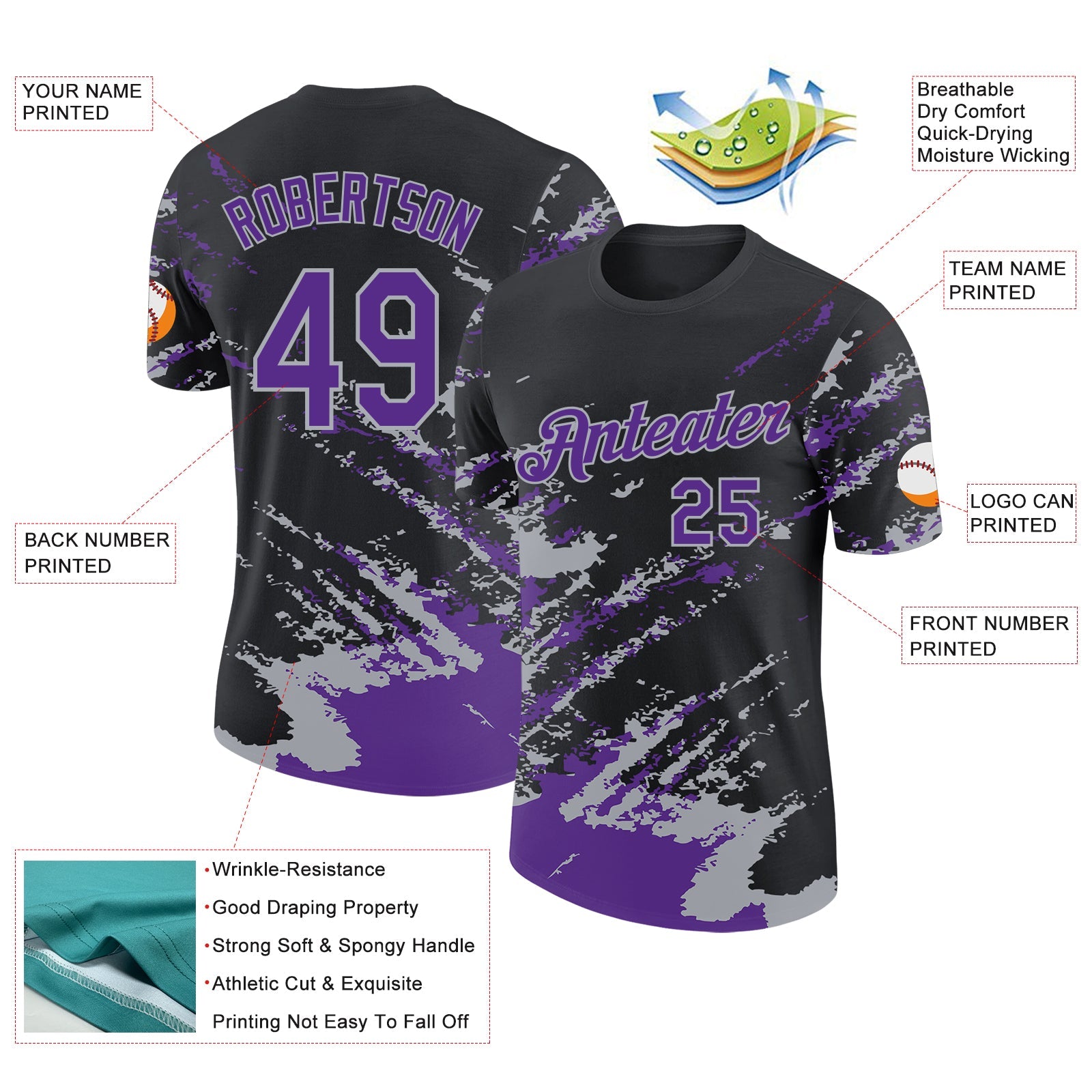 Custom Black Purple-Gray Brush Stroke Shatter Splatter Performance T-Shirt view 2