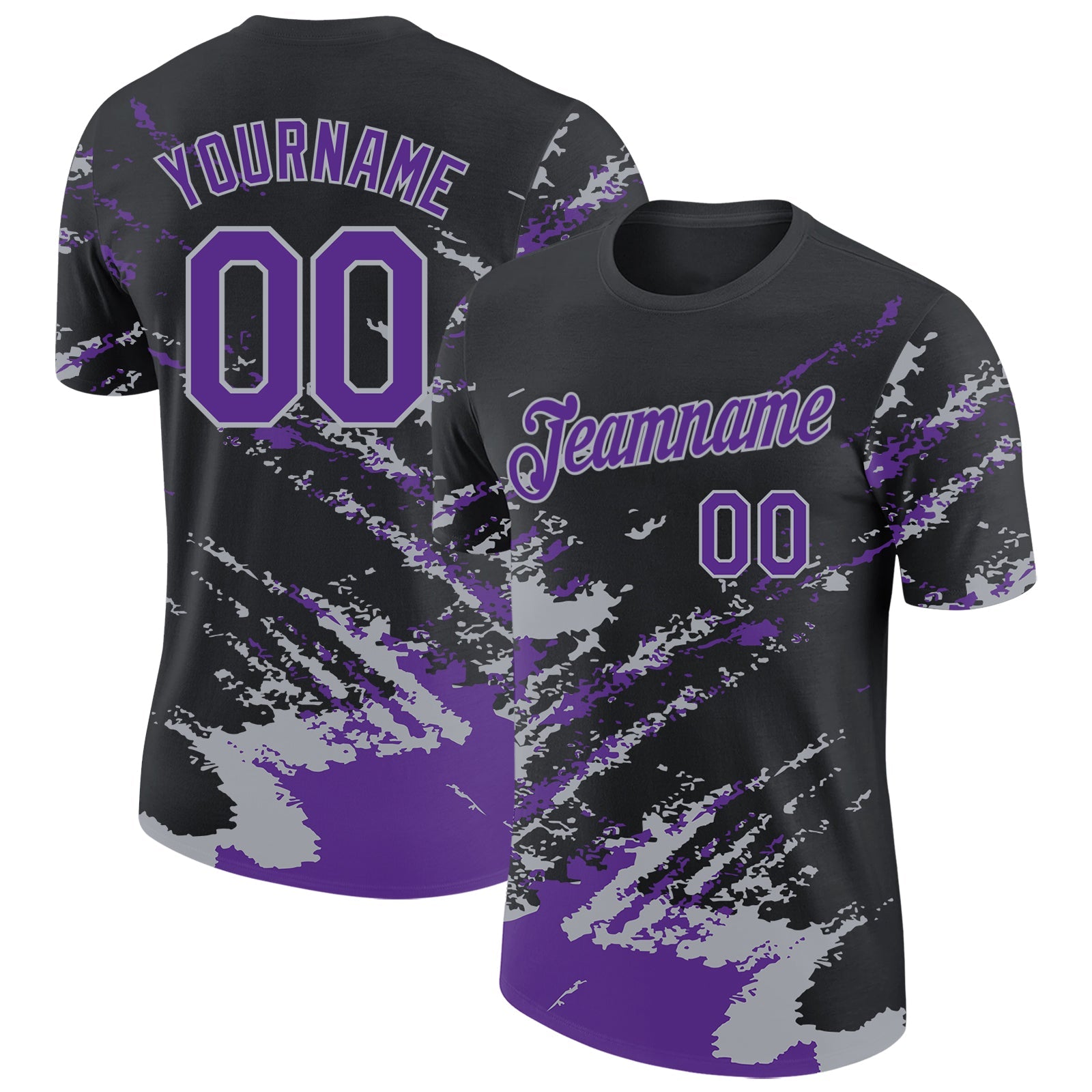 Custom Black Purple-Gray Brush Stroke Shatter Splatter Performance T-Shirt - Main View