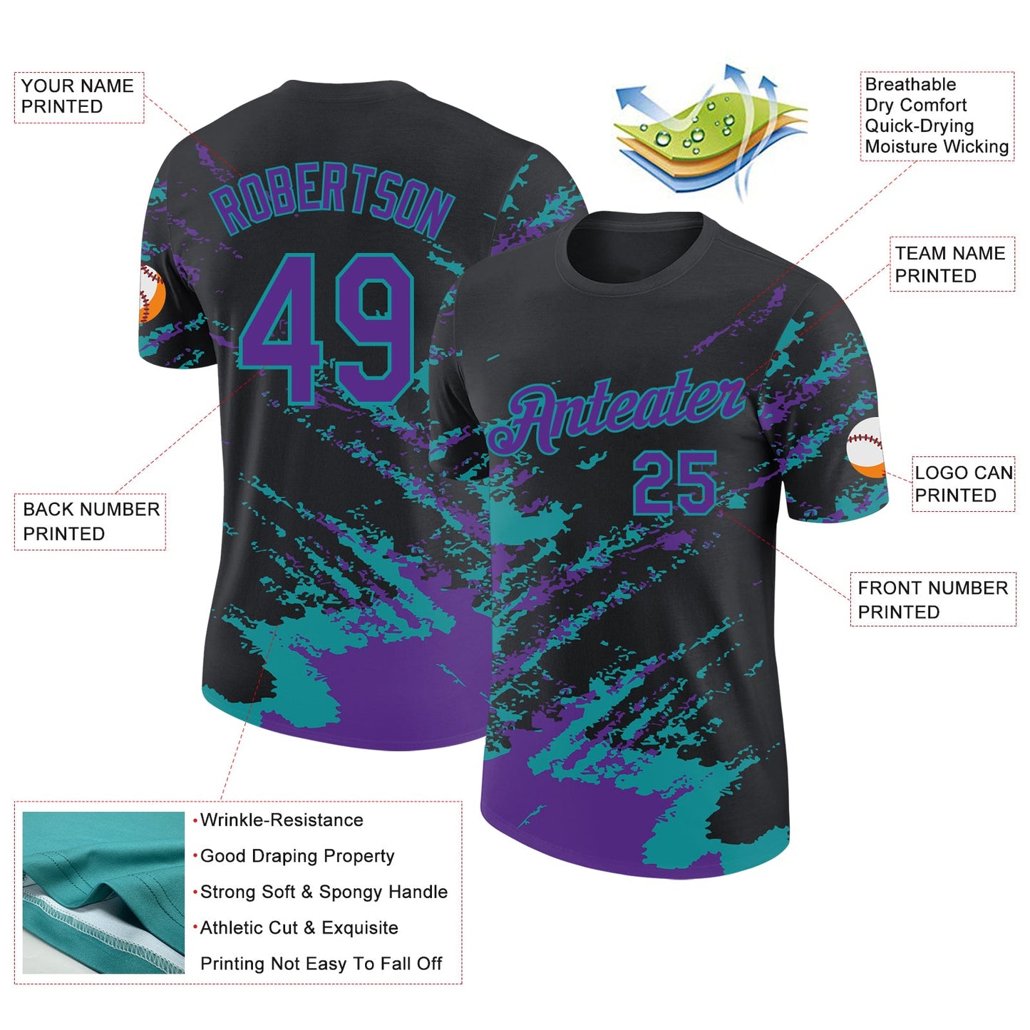 Custom Black Purple-Teal Brush Stroke Shatter Splatter Performance T-Shirt view 2