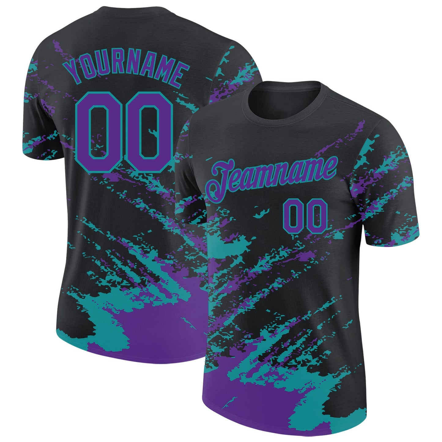 Custom Black Purple-Teal Brush Stroke Shatter Splatter Performance T-Shirt - Main View