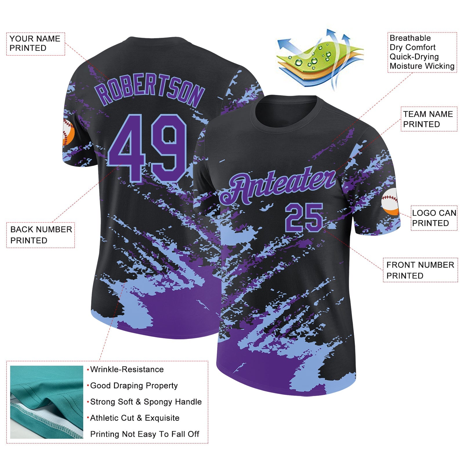 Custom Black Purple-Light Blue Brush Stroke Shatter Splatter Performance T-Shirt view 2