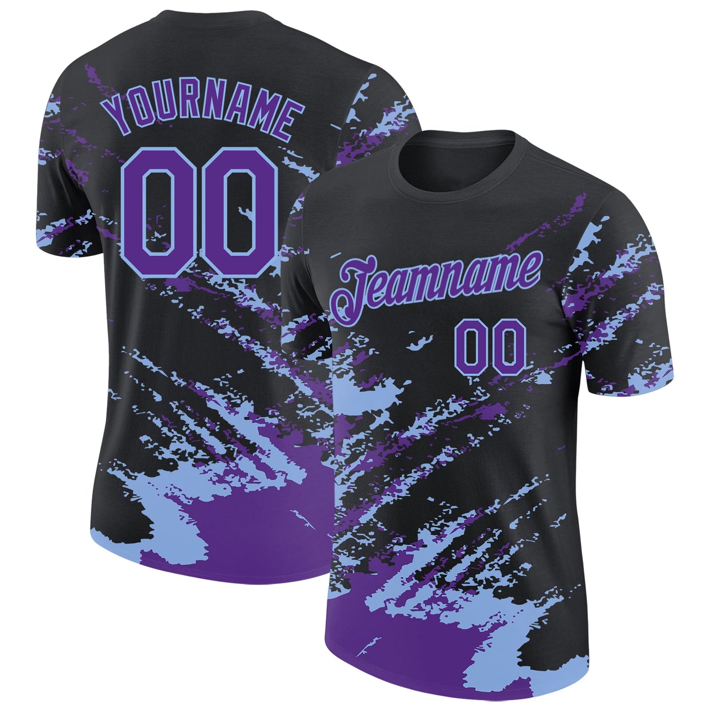 Custom Black Purple-Light Blue Brush Stroke Shatter Splatter Performance T-Shirt - Main View