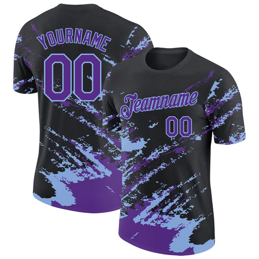 Custom Black Purple-Light Blue Brush Stroke Shatter Splatter Performance T-Shirt - Main View