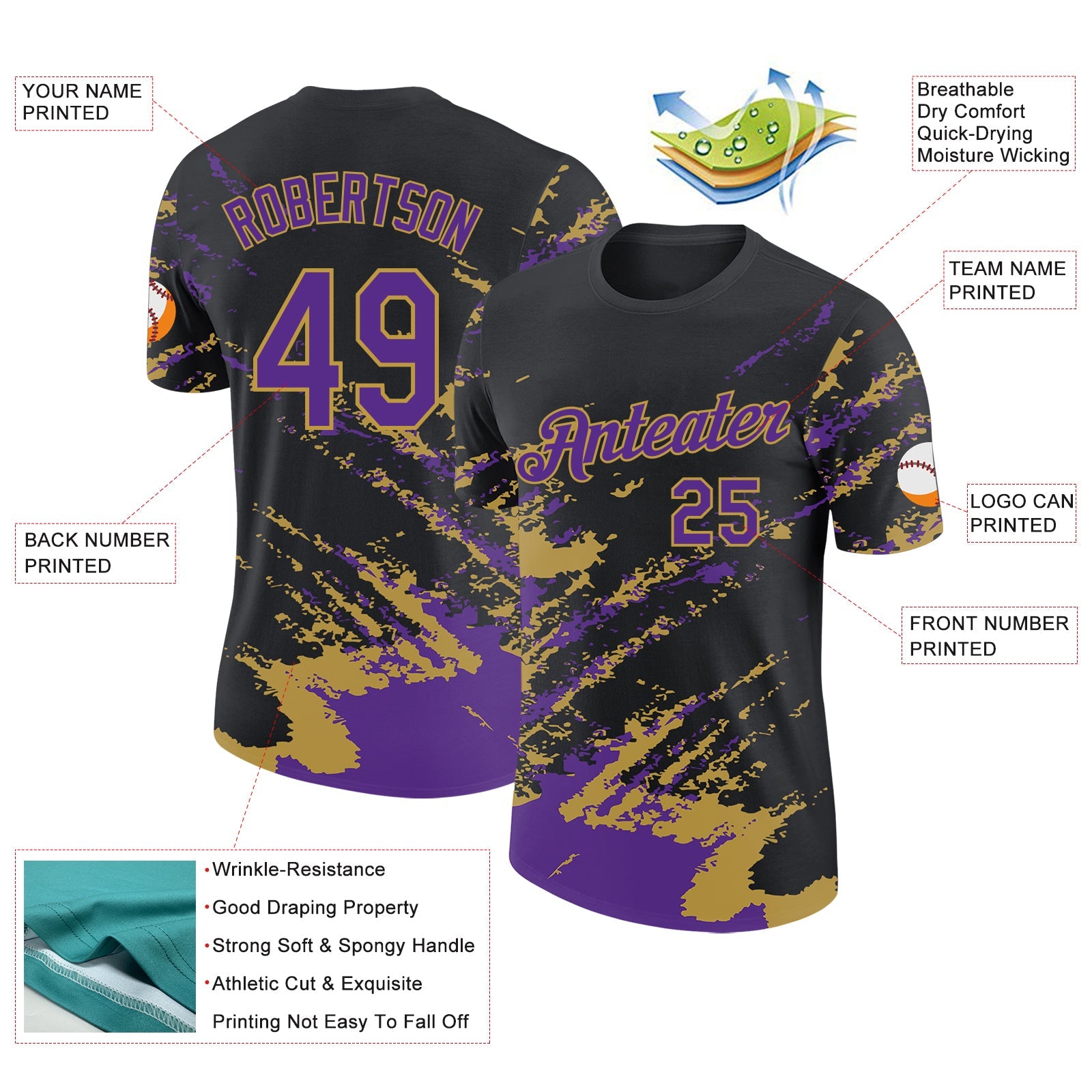 Custom Black Purple-Old Gold Brush Stroke Shatter Splatter Performance T-Shirt view 2