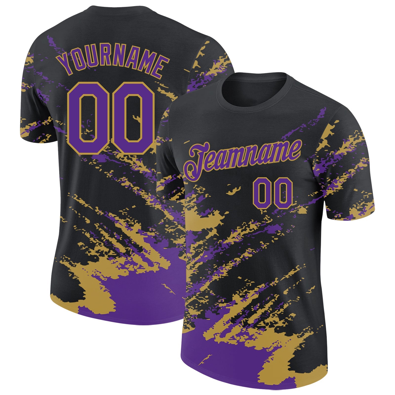 Custom Black Purple-Old Gold Brush Stroke Shatter Splatter Performance T-Shirt - Main View