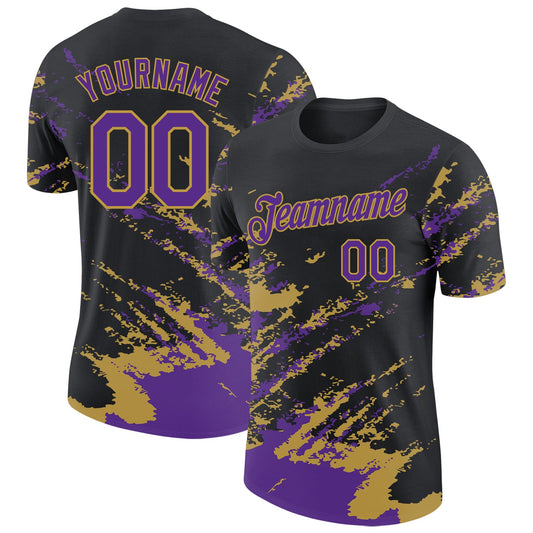 Custom Black Purple-Old Gold Brush Stroke Shatter Splatter Performance T-Shirt - Main View
