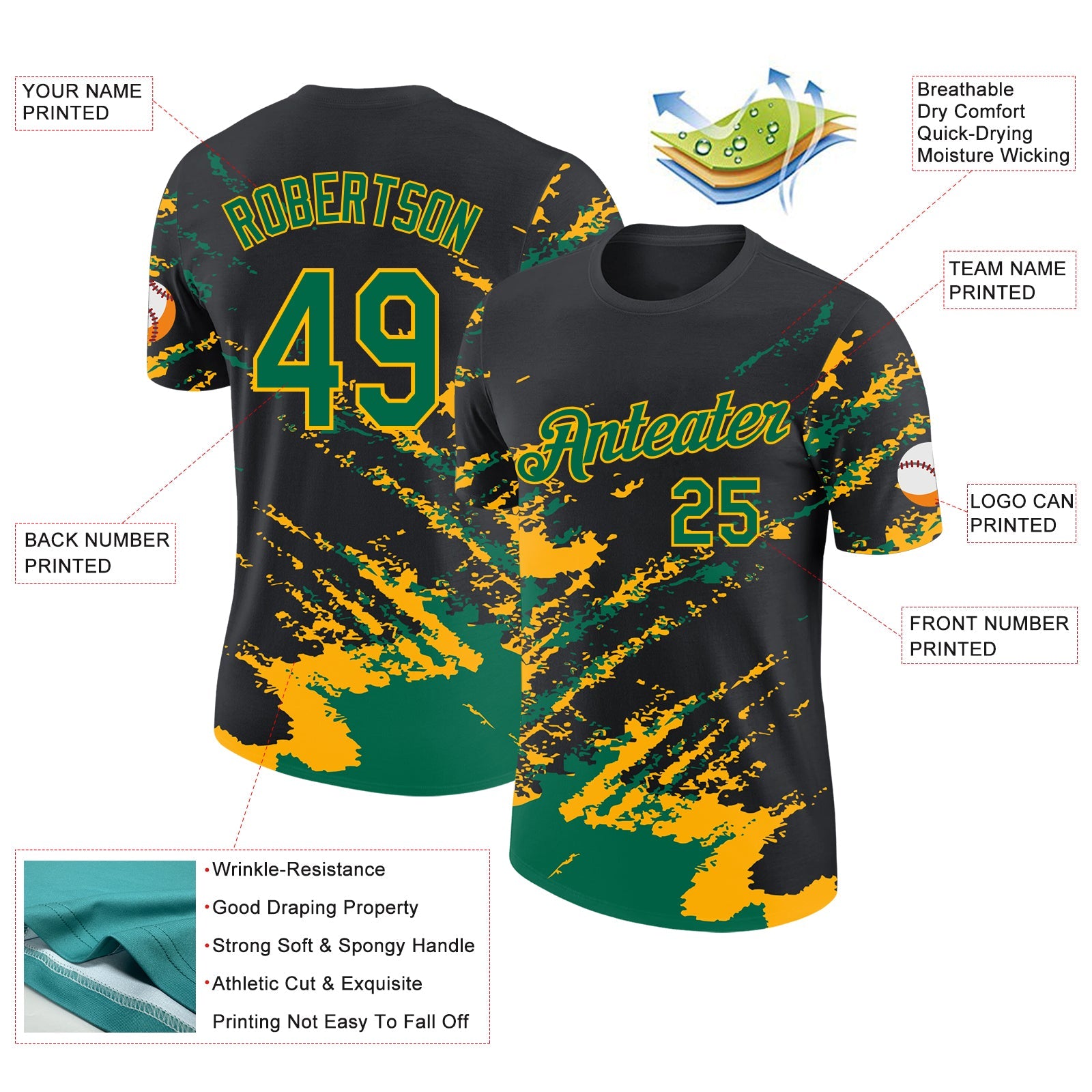 Custom Black Kelly Green-Gold Brush Stroke Shatter Splatter Performance T-Shirt view 2