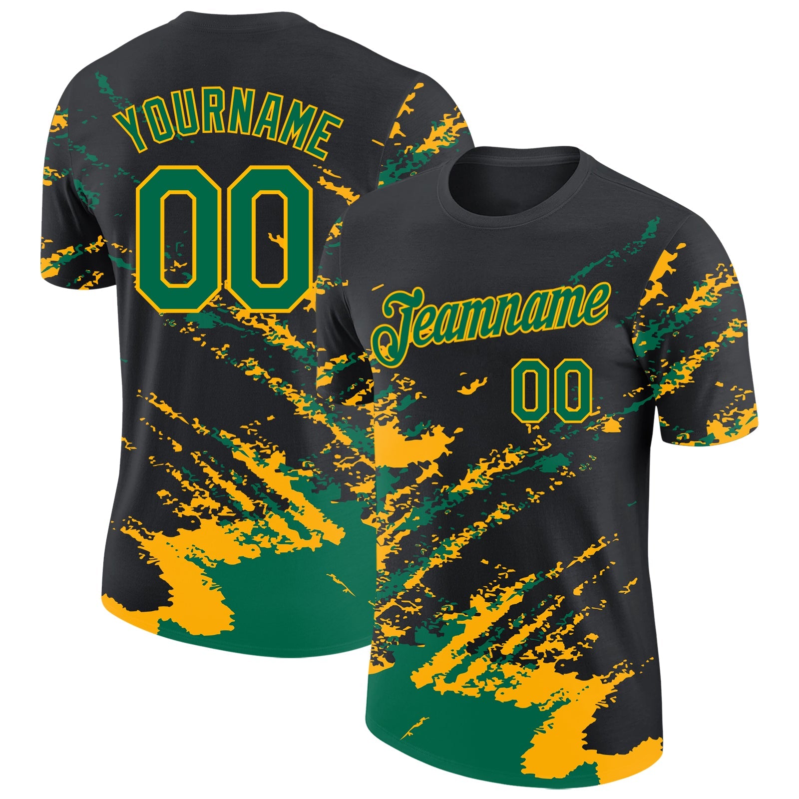 Custom Black Kelly Green-Gold Brush Stroke Shatter Splatter Performance T-Shirt - Main View