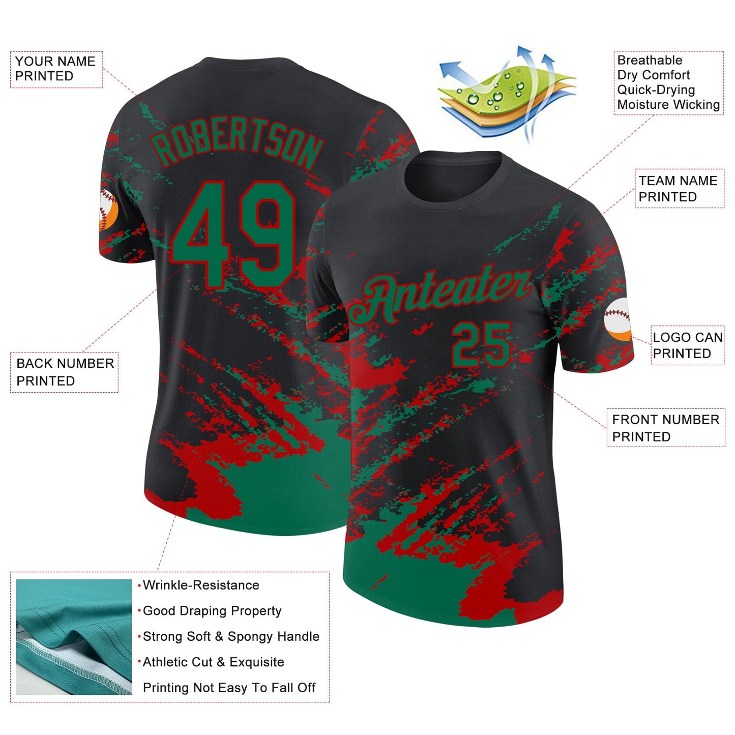 Custom Black Kelly Green-Red Brush Stroke Shatter Splatter Performance T-Shirt view 2