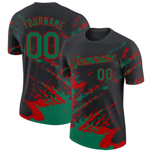 Custom Black Kelly Green-Red Brush Stroke Shatter Splatter Performance T-Shirt - Main View