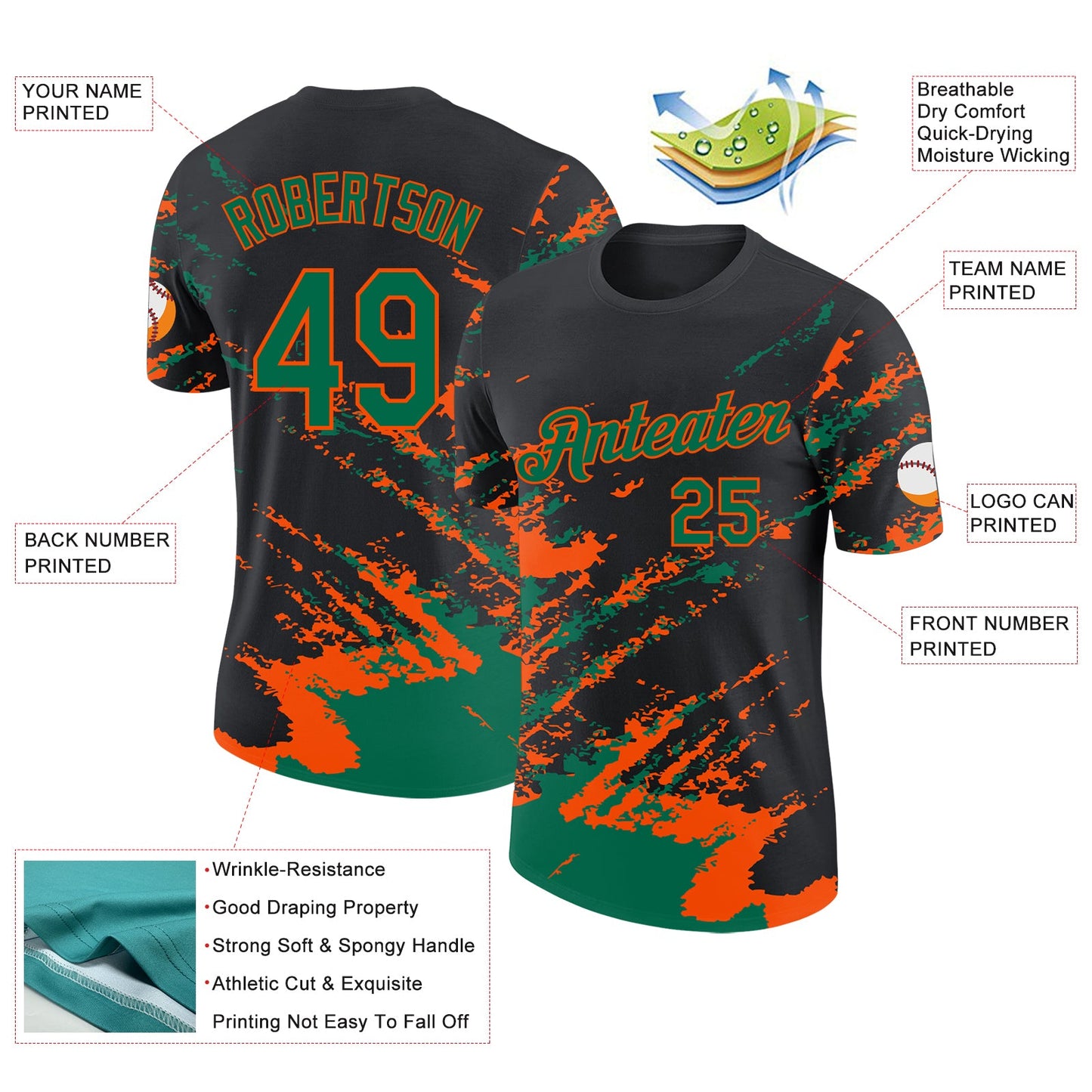 Custom Black Kelly Green-Orange Brush Stroke Shatter Splatter Performance T-Shirt view 2