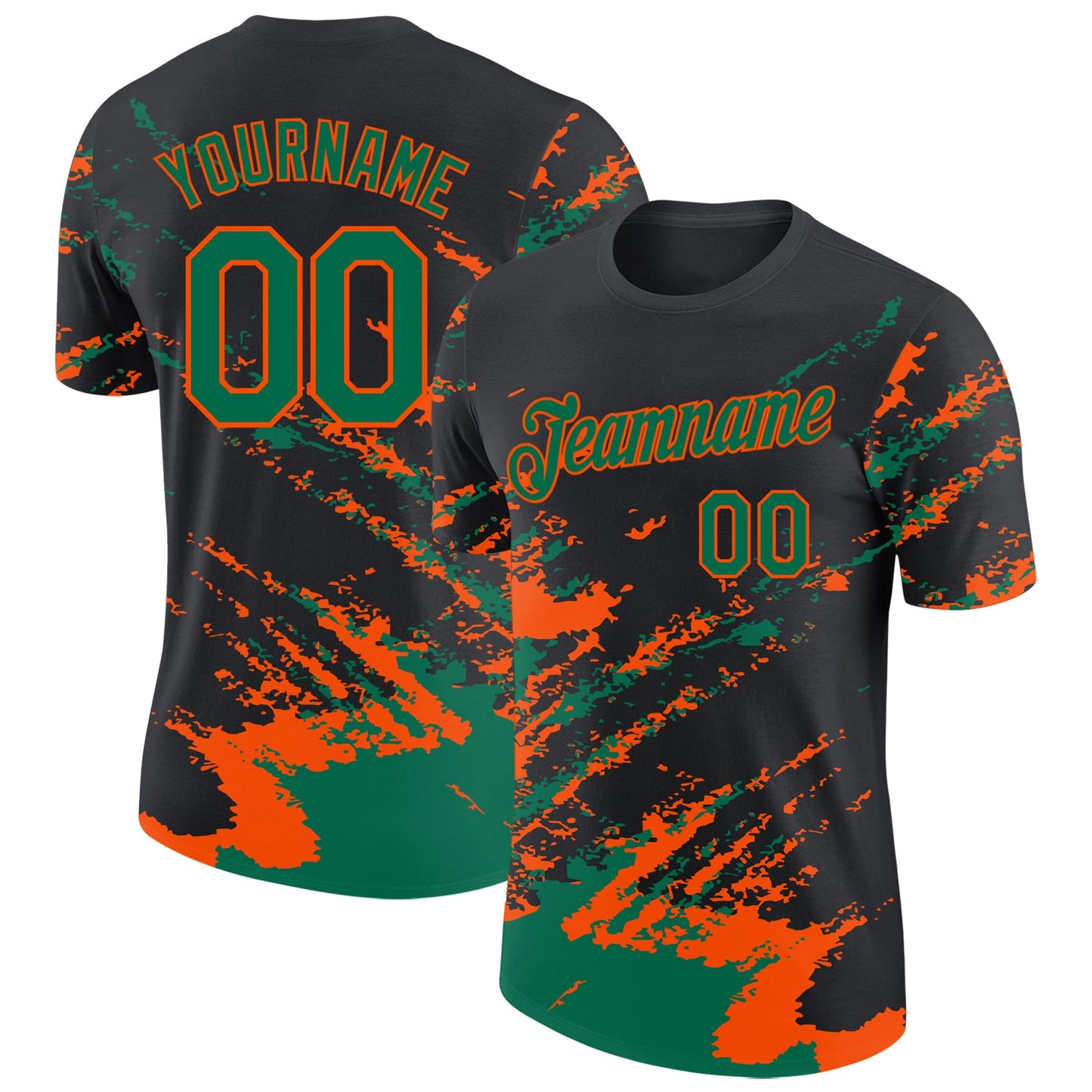 Custom Black Kelly Green-Orange Brush Stroke Shatter Splatter Performance T-Shirt - Main View