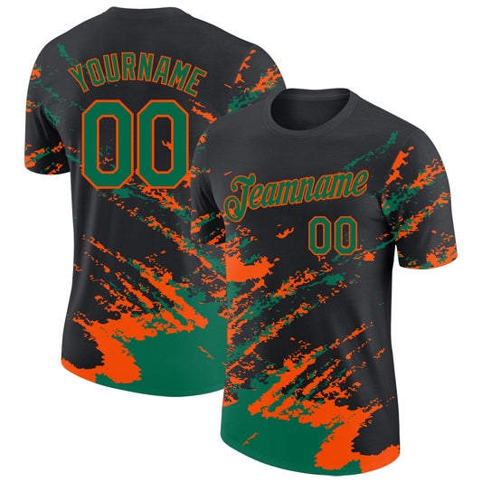 Custom Black Kelly Green-Orange Brush Stroke Shatter Splatter Performance T-Shirt - Main View