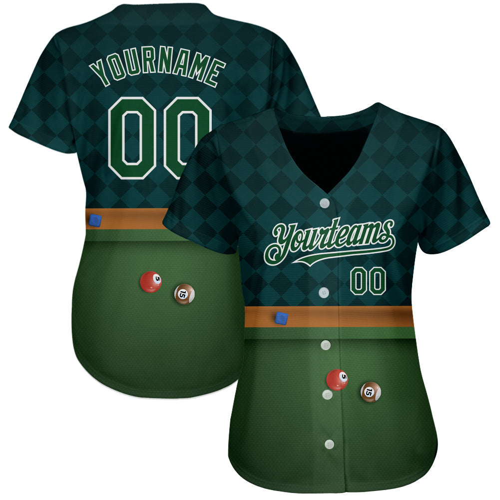 Custom Green White 3D Pattern Design Billiards Authentic Baseball Jersey view 2