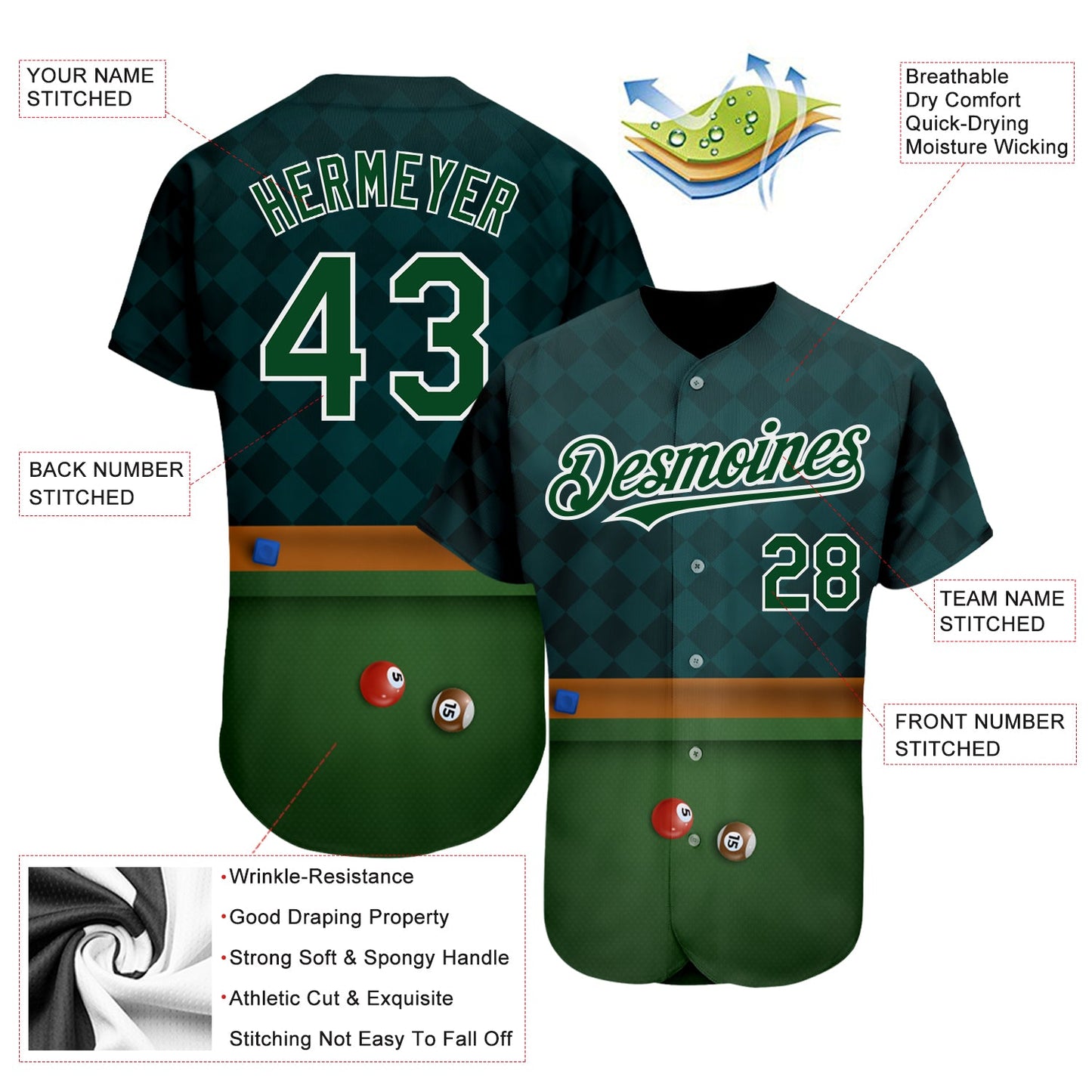 Custom Green White 3D Pattern Design Billiards Authentic Baseball Jersey view 3