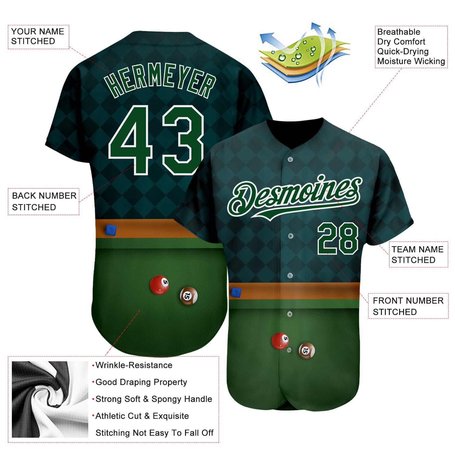 Custom Green White 3D Pattern Design Billiards Authentic Baseball Jersey view 3