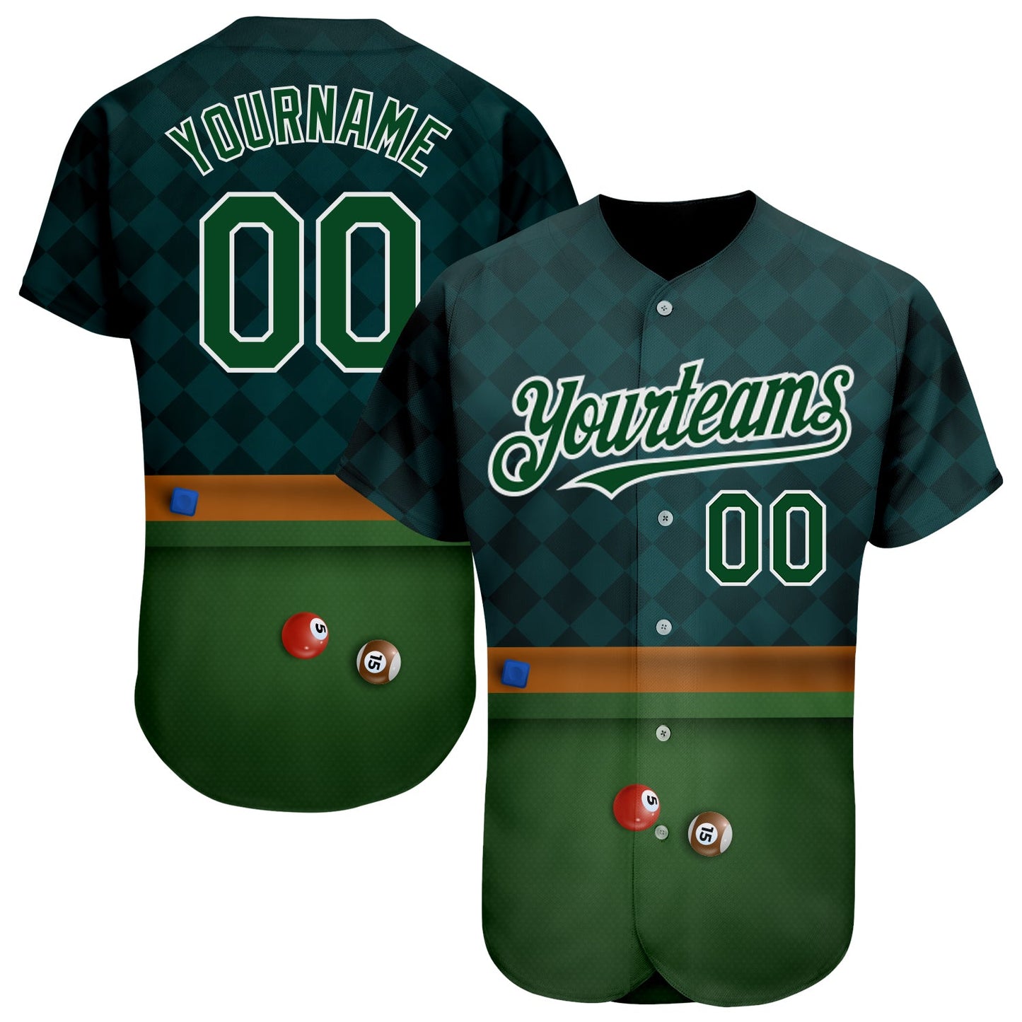 Custom Green White 3D Pattern Design Billiards Authentic Baseball Jersey - Main View