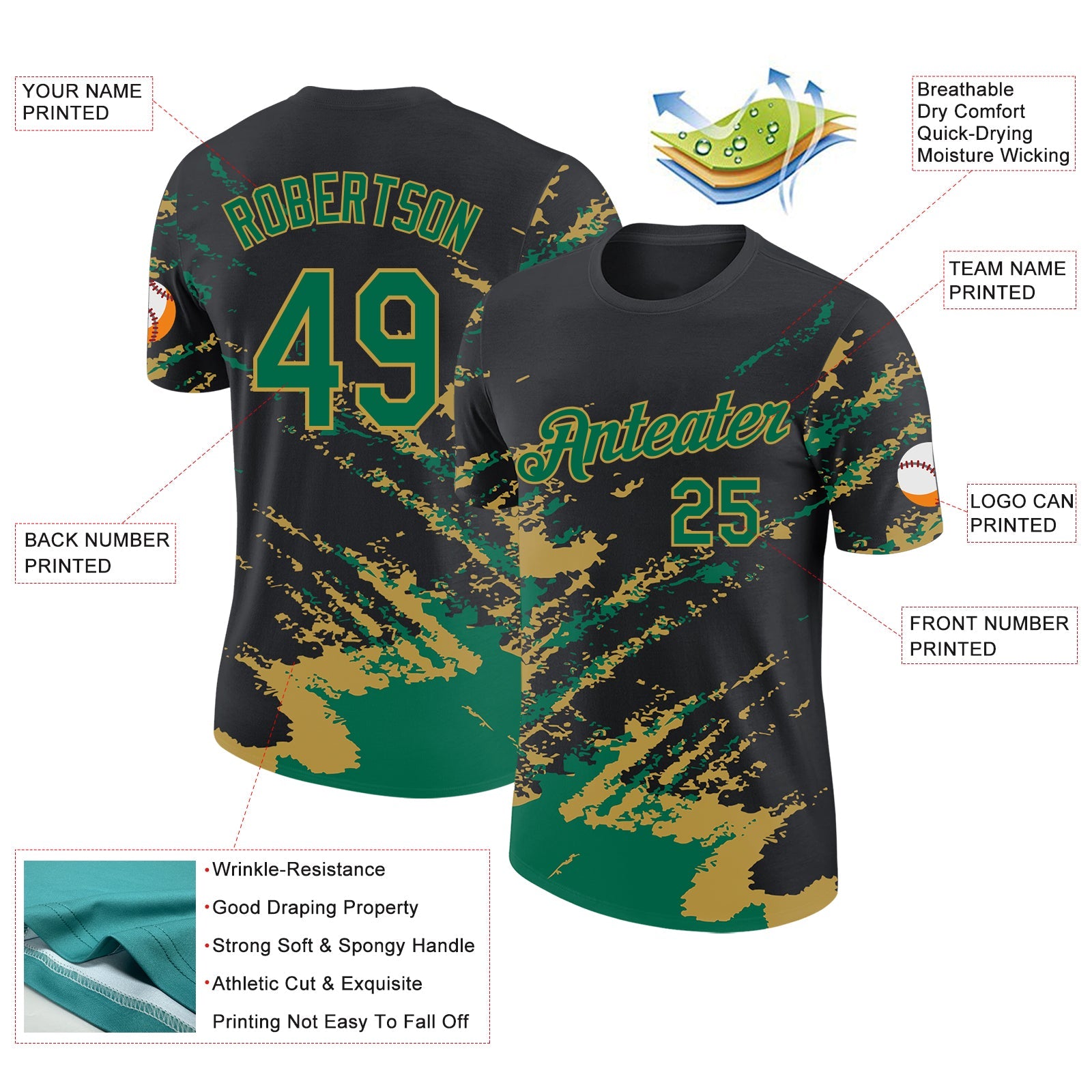 Custom Black Kelly Green-Old Gold Brush Stroke Shatter Splatter Performance T-Shirt view 2