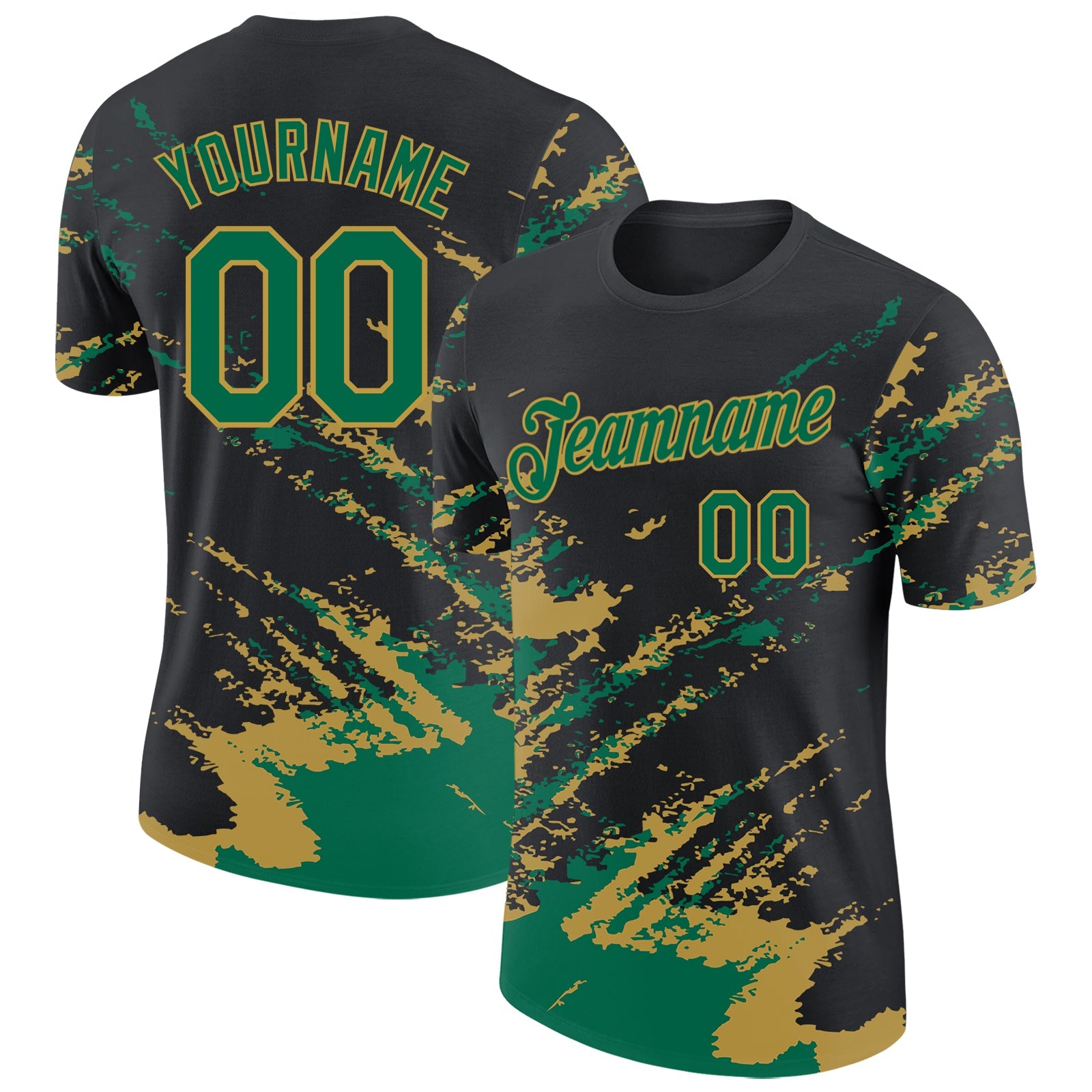 Custom Black Kelly Green-Old Gold Brush Stroke Shatter Splatter Performance T-Shirt - Main View