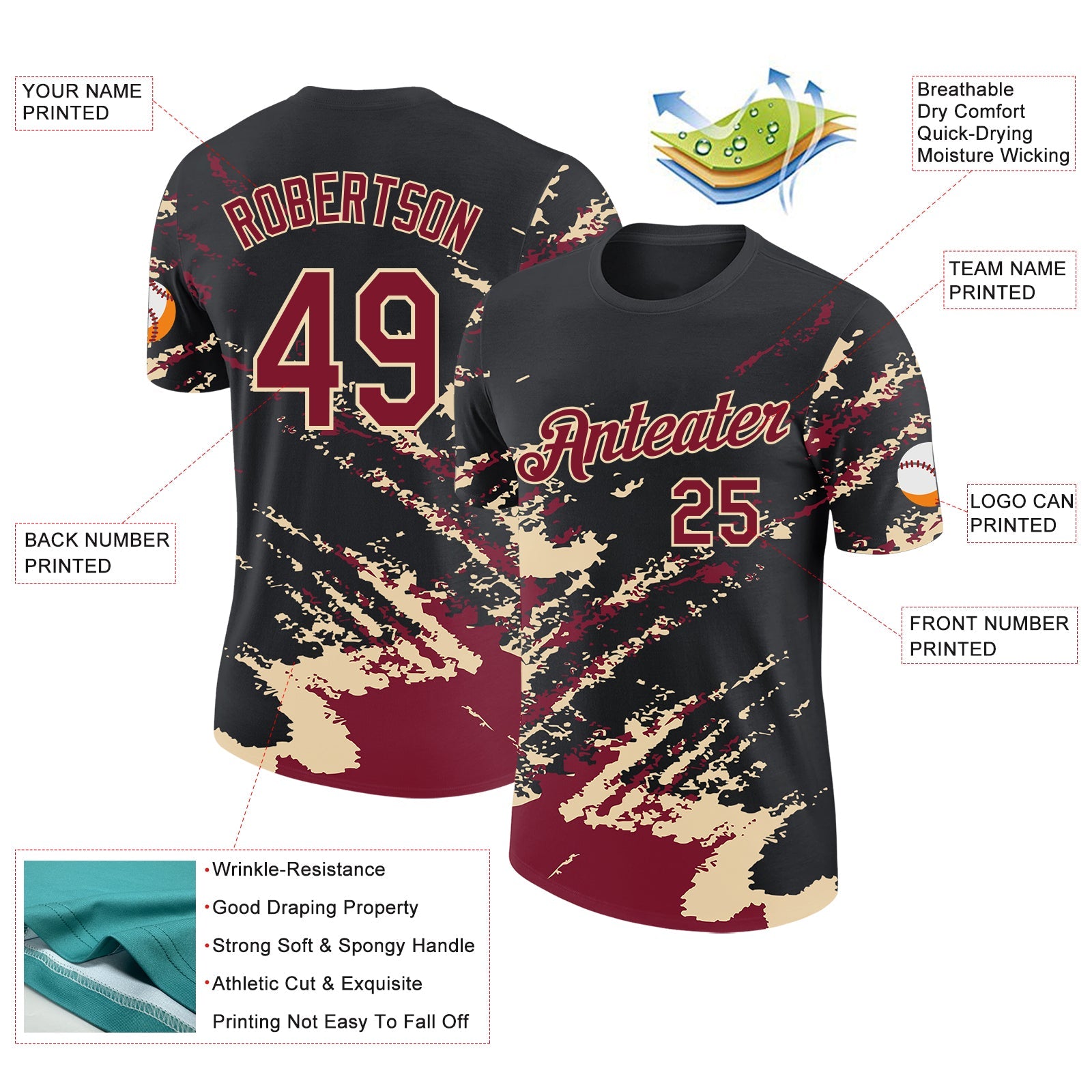 Custom Black Crimson-Cream Brush Stroke Shatter Splatter Performance T-Shirt view 2