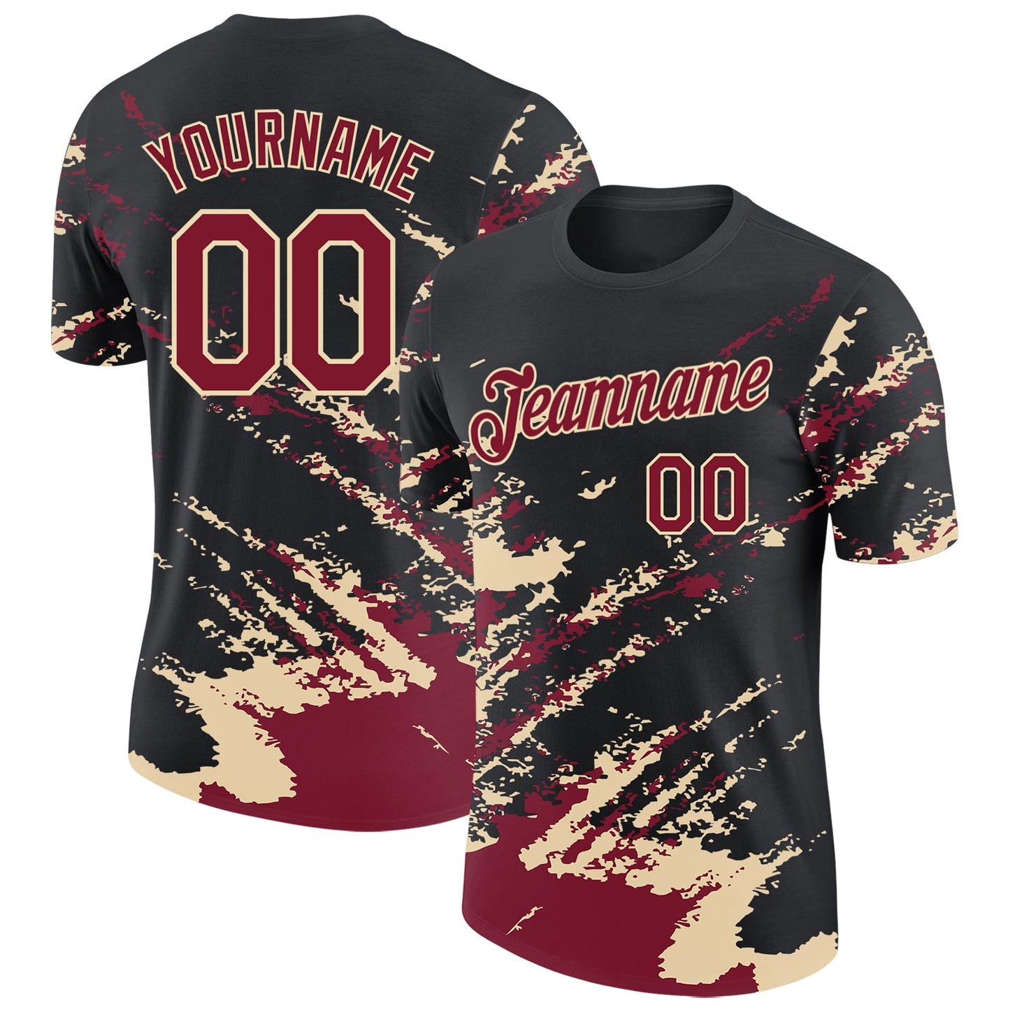 Custom Black Crimson-Cream Brush Stroke Shatter Splatter Performance T-Shirt - Main View