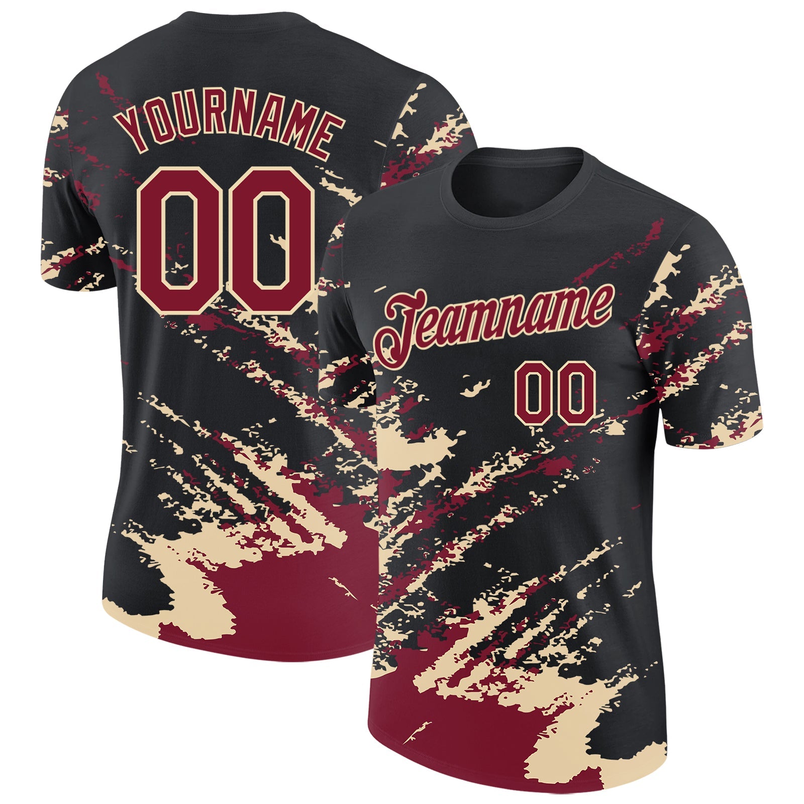 Custom Black Crimson-Cream Brush Stroke Shatter Splatter Performance T-Shirt - Main View