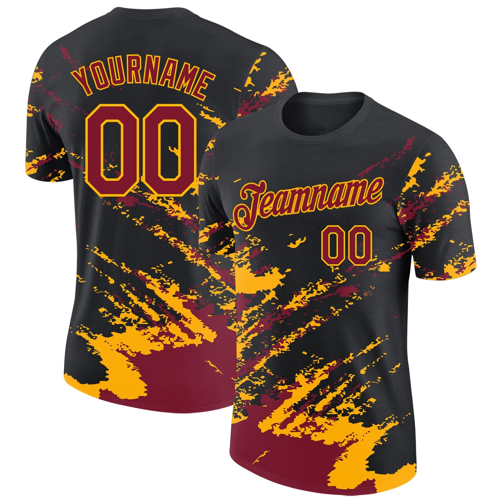 Custom Black Crimson-Gold Brush Stroke Shatter Splatter Performance T-Shirt - Main View