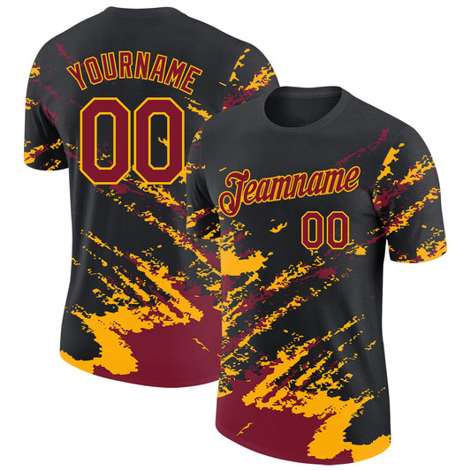 Custom Black Crimson-Gold Brush Stroke Shatter Splatter Performance T-Shirt - Main View