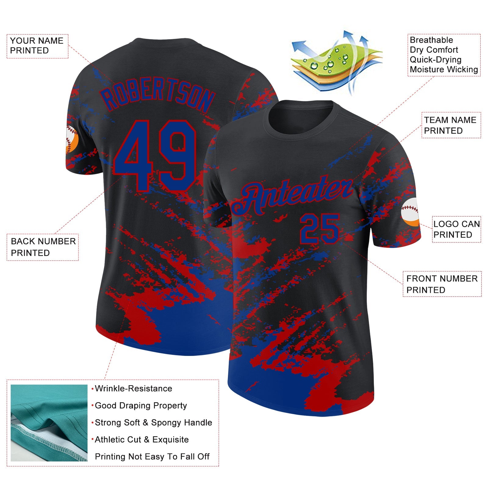 Custom Black Royal-Red Brush Stroke Shatter Splatter Performance T-Shirt view 2