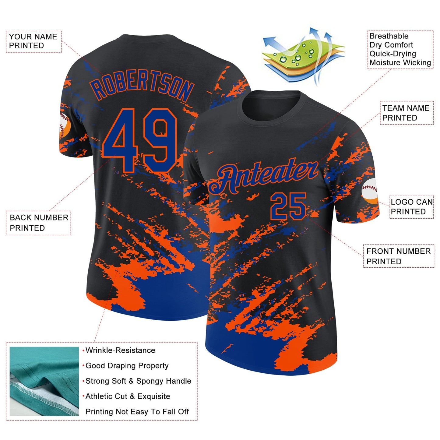 Custom Black Royal-Orange Brush Stroke Shatter Splatter Performance T-Shirt view 2