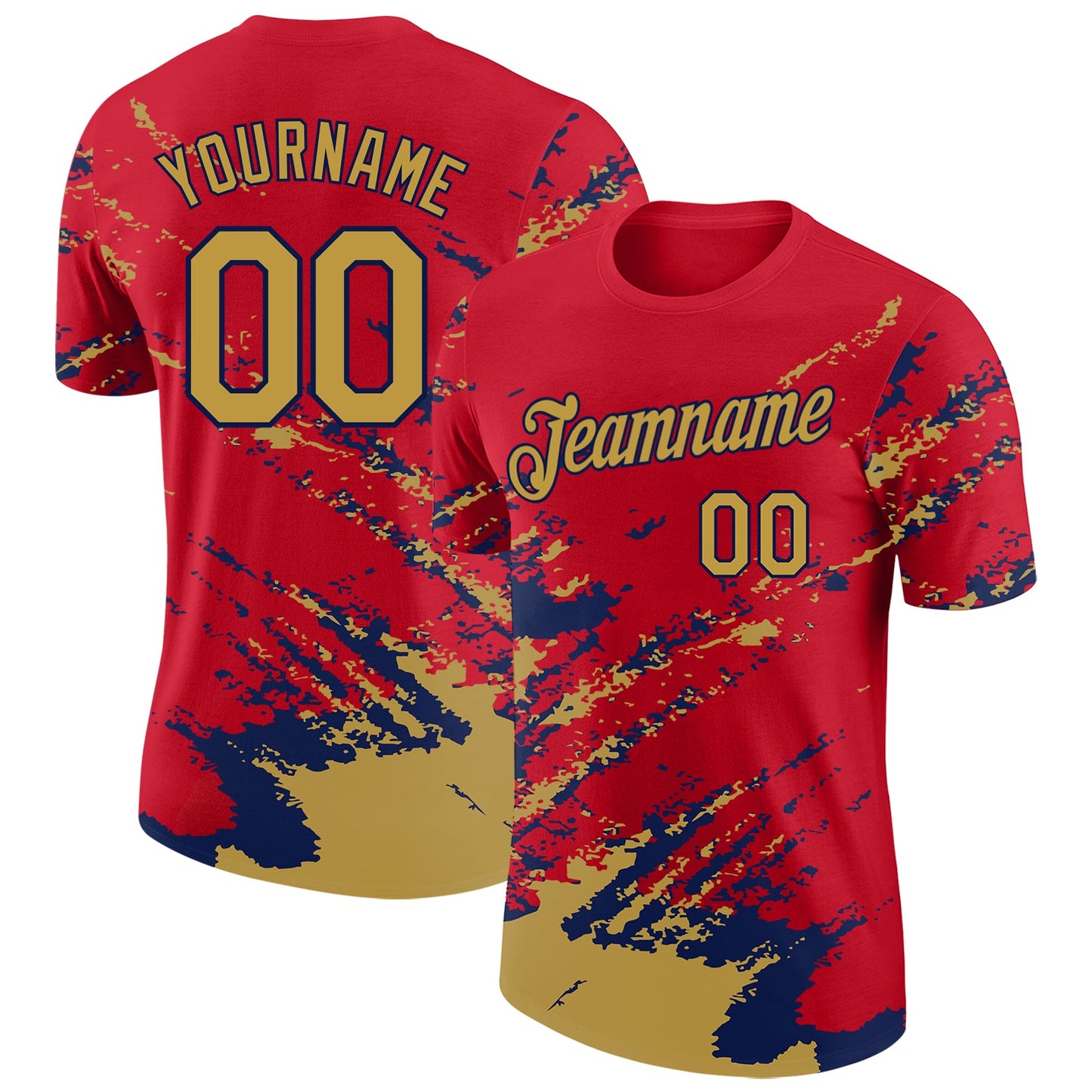 Custom Red Old Gold-Navy Brush Stroke Shatter Splatter Performance T-Shirt - Main View