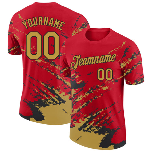 Custom Red Old Gold-Black Brush Stroke Shatter Splatter Performance T-Shirt - Main View