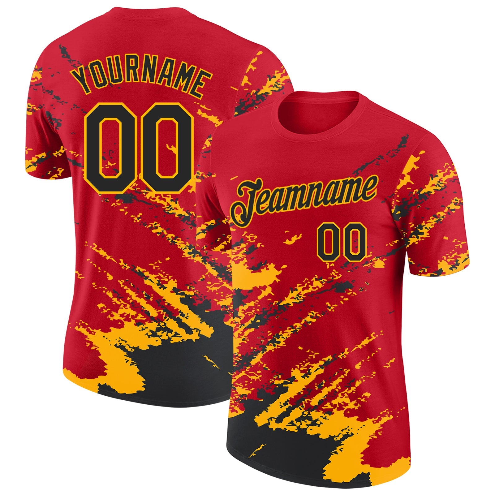 Custom Red Black-Gold Brush Stroke Shatter Splatter Performance T-Shirt - Main View