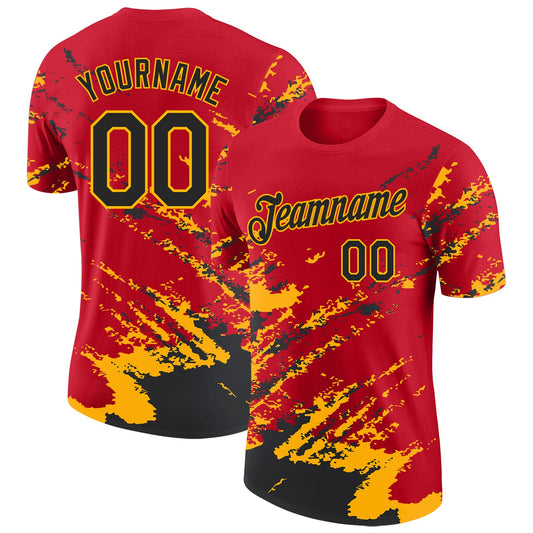 Custom Red Black-Gold Brush Stroke Shatter Splatter Performance T-Shirt - Main View