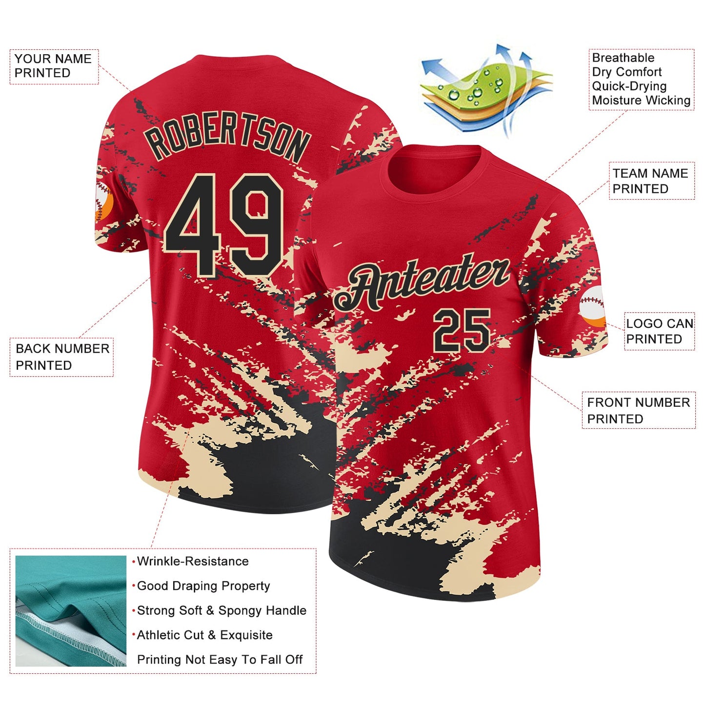 Custom Red Black-Cream Brush Stroke Shatter Splatter Performance T-Shirt view 2