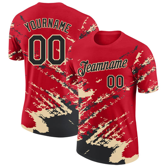 Custom Red Black-Cream Brush Stroke Shatter Splatter Performance T-Shirt - Main View