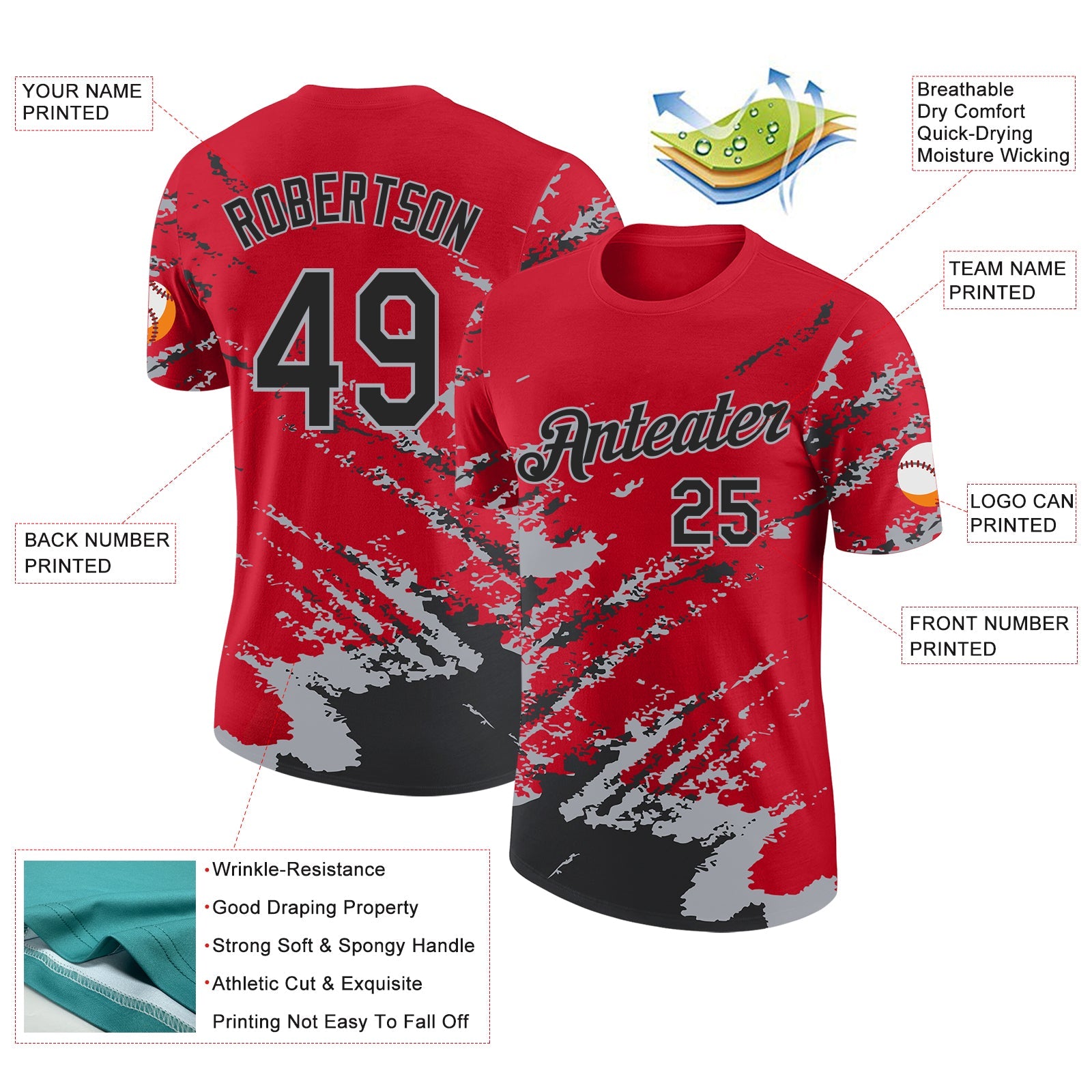 Custom Red Black-Gray Brush Stroke Shatter Splatter Performance T-Shirt view 2