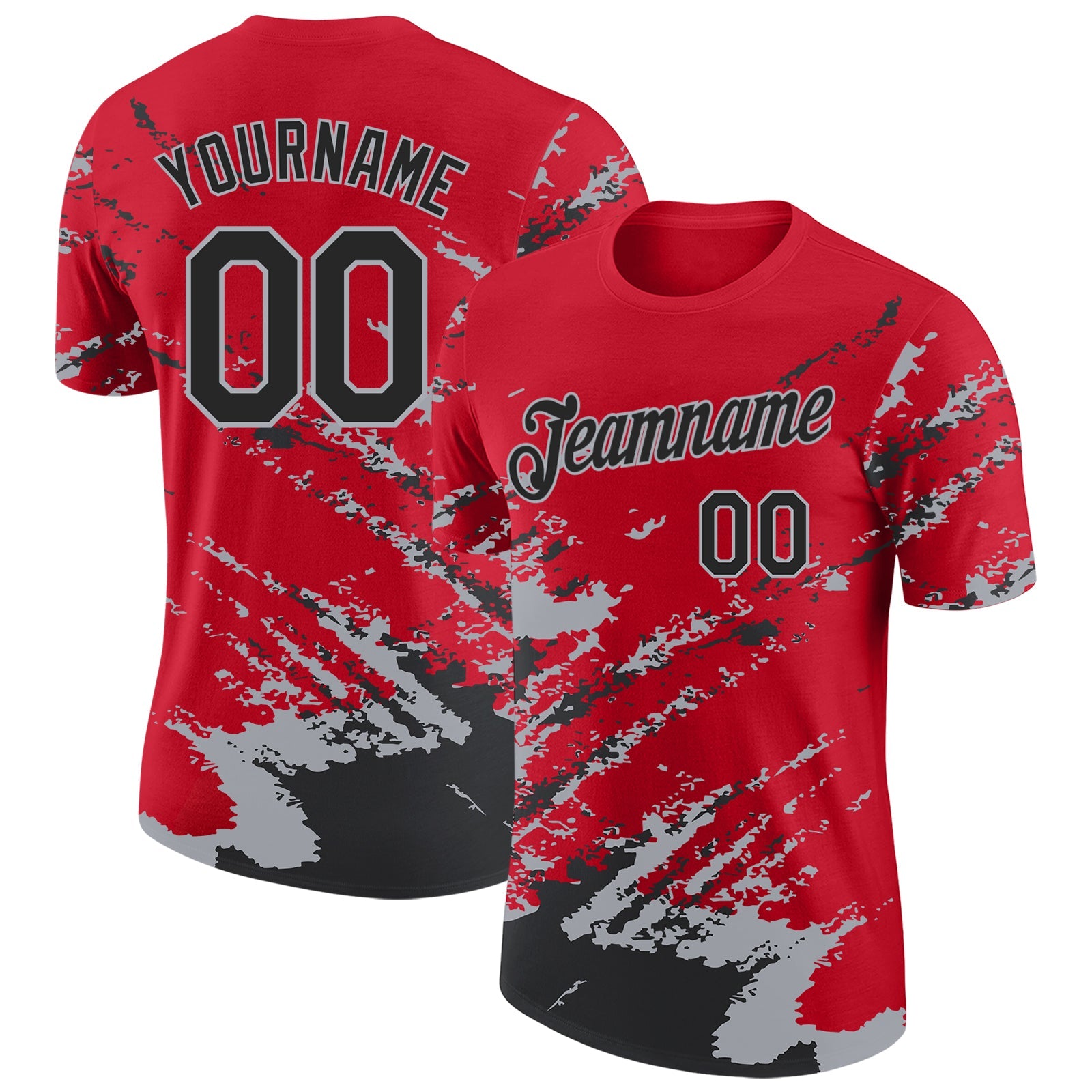Custom Red Black-Gray Brush Stroke Shatter Splatter Performance T-Shirt - Main View
