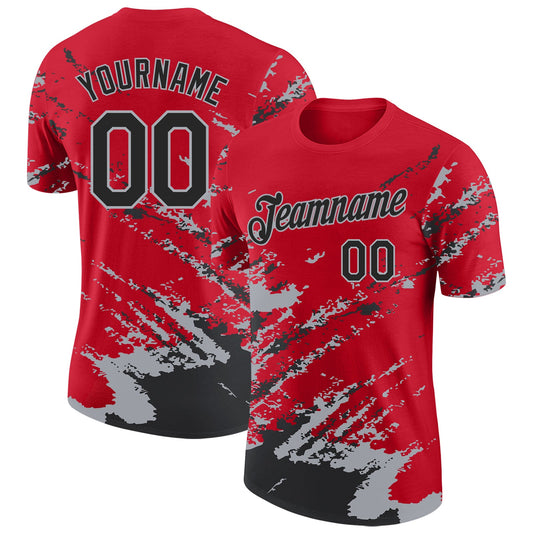 Custom Red Black-Gray Brush Stroke Shatter Splatter Performance T-Shirt - Main View