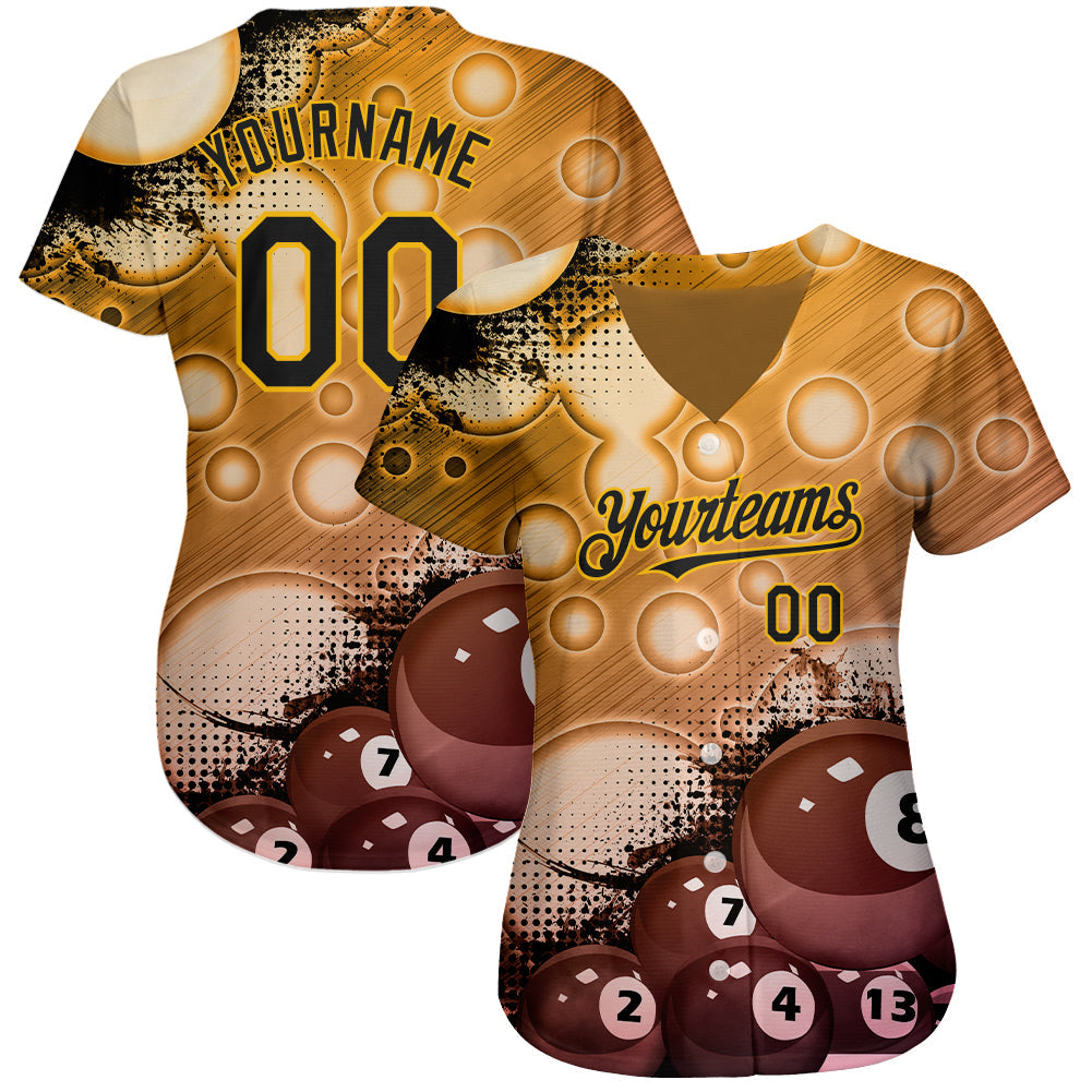 Custom Gold Black 3D Pattern Design Billiards Authentic Baseball Jersey view 2