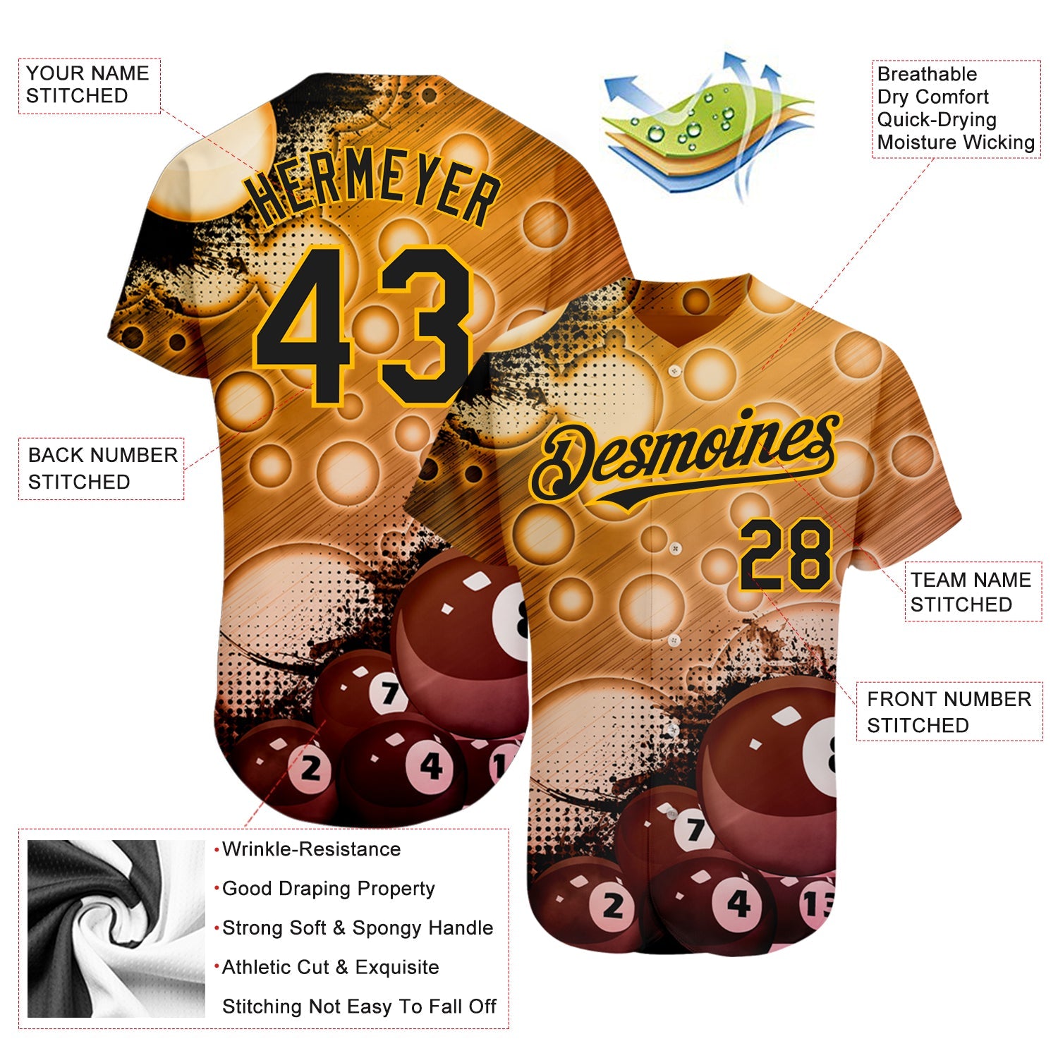 Custom Gold Black 3D Pattern Design Billiards Authentic Baseball Jersey view 3