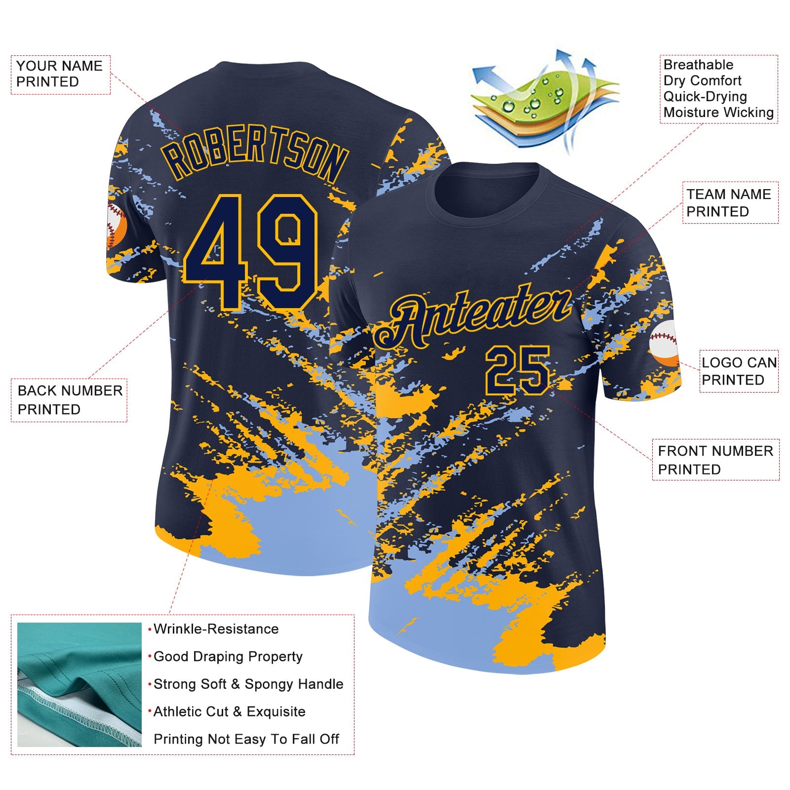 Custom Navy Light Blue-Gold Brush Stroke Shatter Splatter Performance T-Shirt view 2