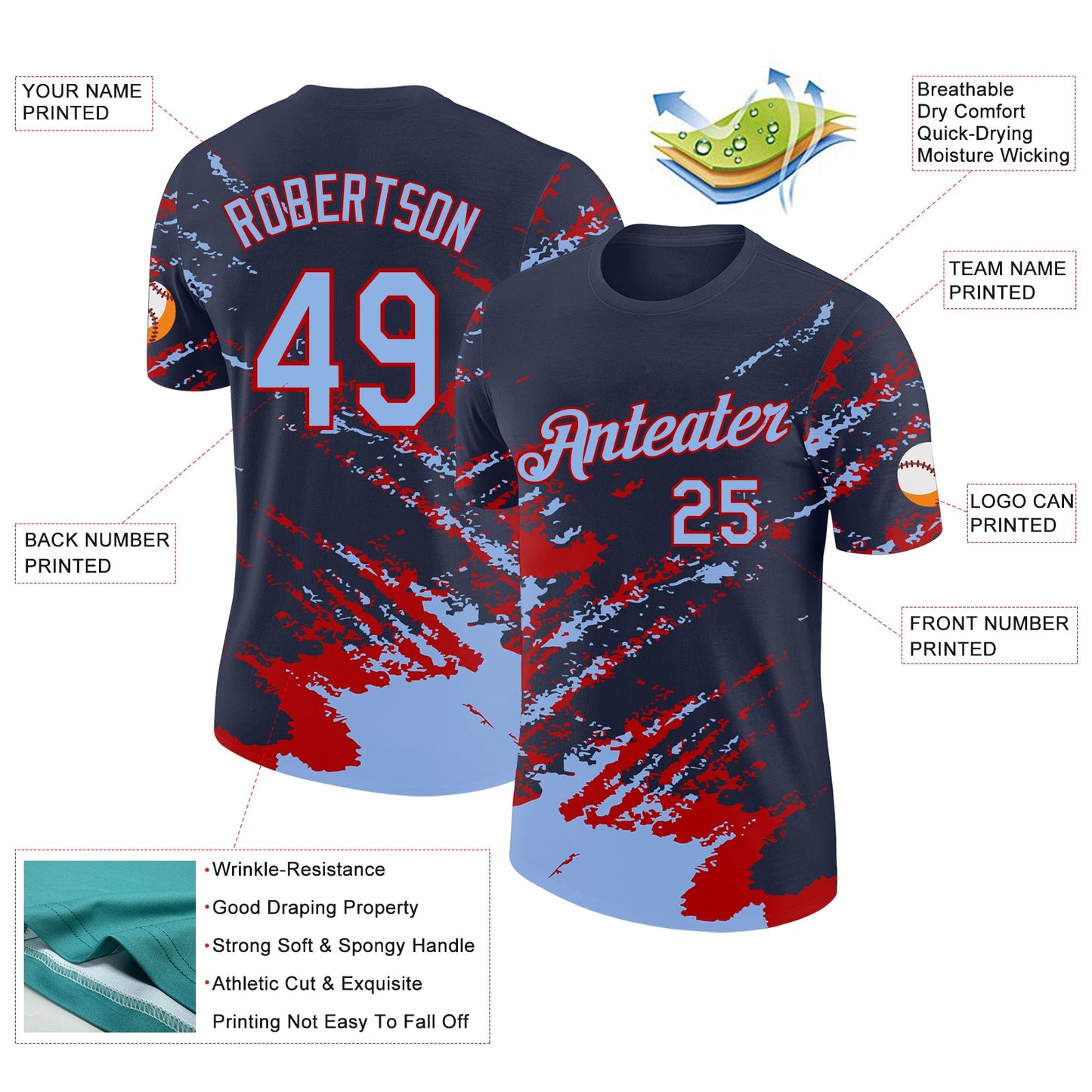 Custom Navy Light Blue-Red Brush Stroke Shatter Splatter Performance T-Shirt view 2